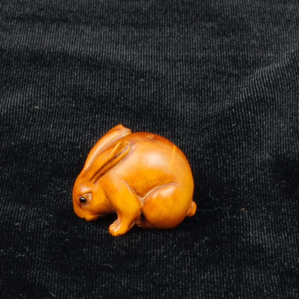 Utterly Charming Crouching Hare | Signed Japanese Boxwood Ojime Bead